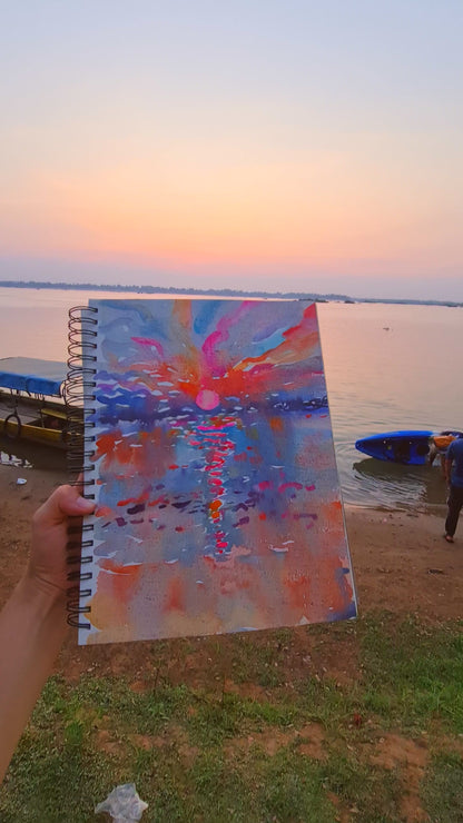 Sunset on the Mekong River Watercolor Original Painting by Tanbelia