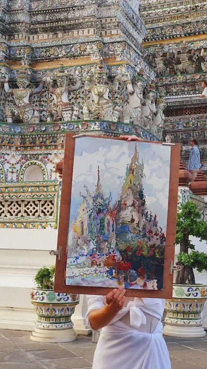 Wat Arun Buddhist Temple Watercolor Original Painting by Tanbelia