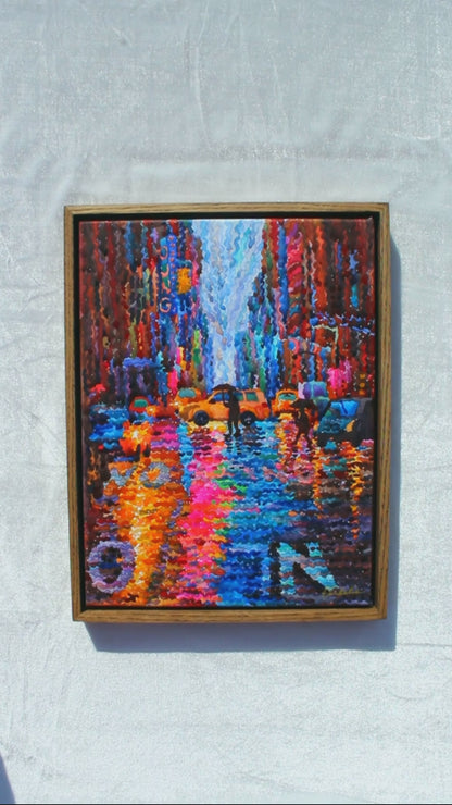 Neon Lights in New York City Framed Watercolor Artwork