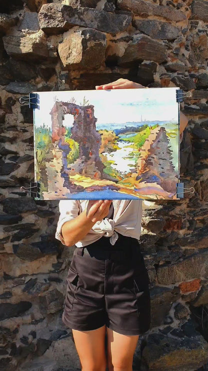 Hubkiv Castle Ruins Watercolor Original Painting by Tanbelia