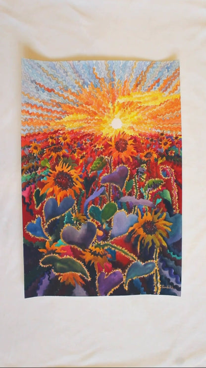 Fiery Sunset in the Sunflower Field Watercolor Painting by Tanbelia