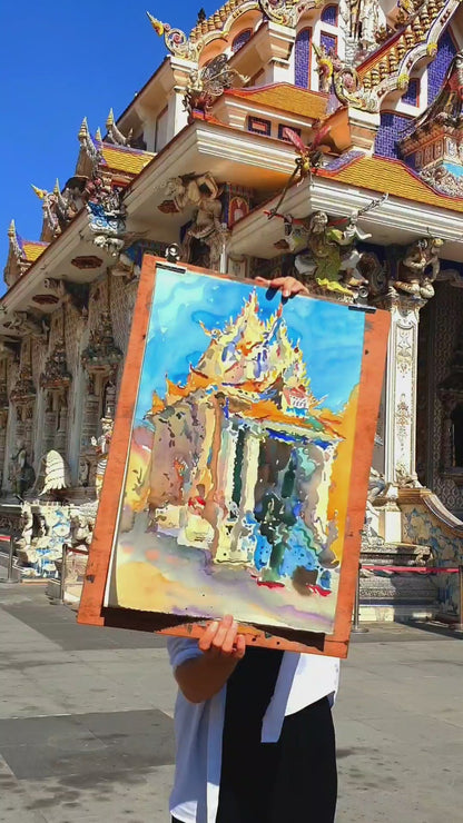 Wat Pariwat Buddhist Temple Watercolor Original Painting by Tanbelia