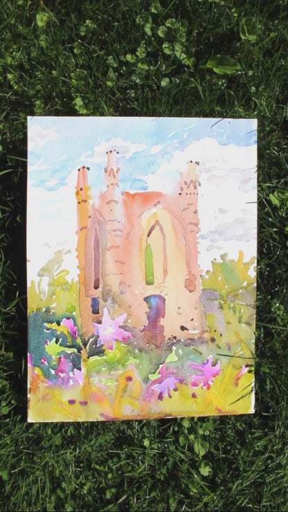 Novomalyn Castle in Ukraine Watercolor Painting by Tanbelia