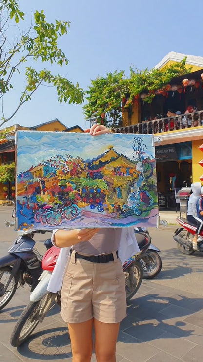 Hoi An City in Vietnam Watercolor Artwork by Tanbelia