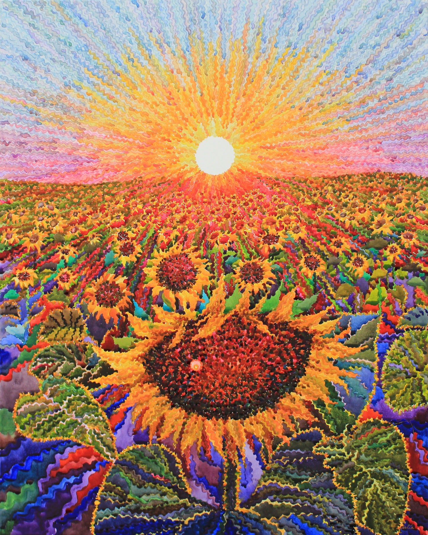 Big Sunflower Field Watercolor Original Painting by Tanbelia