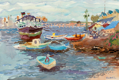 Mombasa Harbor Watercolor Painting by Tanbelia