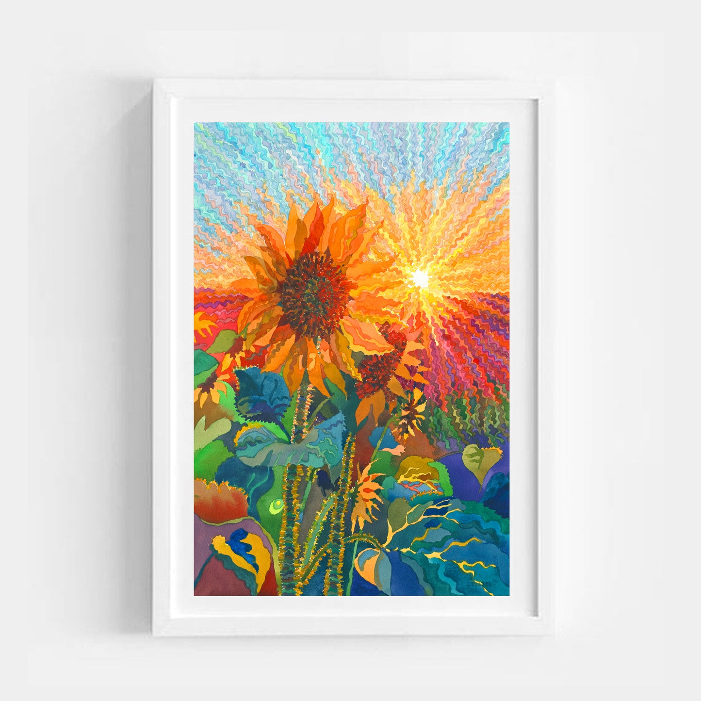 Sunflowers on the Sunset Watercolor Painting by Tanbelia