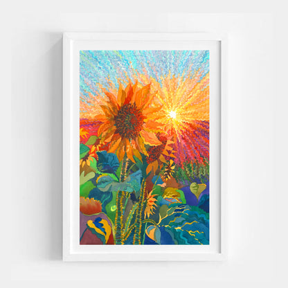 Sunflowers on the Sunset Watercolor Painting by Tanbelia